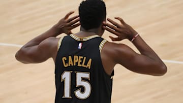 ATLANTA, GEORGIA - JUNE 14: Clint Capela #15 of the Atlanta Hawks reacts after dunking against the Philadelphia 76ers during the second half of game 4 of the Eastern Conference Semifinals at State Farm Arena on June 14, 2021 in Atlanta, Georgia. NOTE TO USER: User expressly acknowledges and agrees that, by downloading and or using this photograph, User is consenting to the terms and conditions of the Getty Images License Agreement. (Photo by Kevin C. Cox/Getty Images)