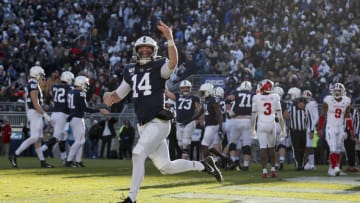 STATE COLLEGE, PA - NOVEMBER 16: Sean Clifford #14 of the Penn State Nittany Lions celebrates after scoring a touchdown against the Indiana Hoosiers during the fourth quarter at Beaver Stadium on November 16, 2019 in State College, Pennsylvania. (Photo by Scott Taetsch/Getty Images)