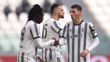TURIN, ITALY - DECEMBER 22: Moise Kean of Juventus celebrates with team mate Alessandro Riccio after scoring to give the side a 1-0 lead during the Friendly match between Juventus and HNK Rijeka at Allianz Stadium on December 22, 2022 in Turin, Italy. (Photo by Jonathan Moscrop/Getty Images)