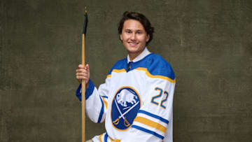 MONTREAL, QUEBEC - JULY 08: Mats Lindgren, #106 pick by the Buffalo Sabres, poses for a portrait during the 2022 Upper Deck NHL Draft at Bell Centre on July 08, 2022 in Montreal, Quebec, Canada. (Photo by Minas Panagiotakis/Getty Images)