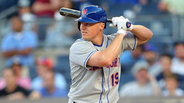 Aug 3, 2016; Bronx, NY, USA; New York Mets right fielder Jay Bruce (19) bats against the New York Yankees during the first inning at Yankee Stadium. Bruce would draw a walk in the at-bat. Mandatory Credit: Brad Penner-USA TODAY Sports