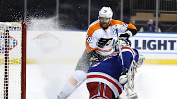 NEW YORK, NEW YORK - APRIL 22: Igor Shesterkin #31 of the New York Rangers is unable to stop a shot by Jakub Voracek, of the Philadelphia Flyers as Claude Giroux #28 of the Philadelphia Flyers stands by in the third perid at Madison Square Garden on April 22, 2021 in New York City.The Philadelphia Flyers defeated the New York Rangers 3-2. (Photo by Elsa/Getty Images)