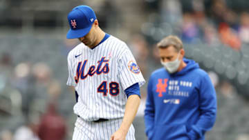 NEW YORK, NEW YORK - MAY 09: Jacob deGrom #48 of the New York Mets walks back to the dugout after being removed from the game in the sixth inning against the Arizona Diamondbacks at Citi Field on May 09, 2021 in New York City. (Photo by Mike Stobe/Getty Images)