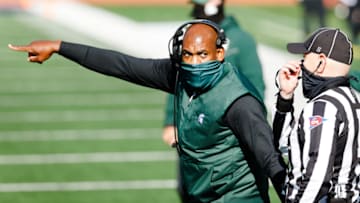 Oct 31, 2020; Ann Arbor, Michigan, USA; Michigan State Spartans head coach Mel Tucker talks to referee in the first half against the Michigan Wolverines at Michigan Stadium. Mandatory Credit: Rick Osentoski-USA TODAY Sports
