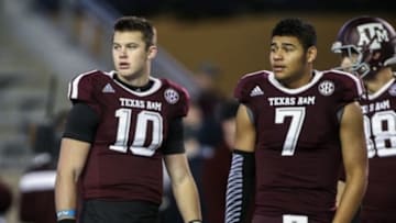 Nov 27, 2014; College Station, TX, USA; Texas A&M Aggies quarterback Kyle Allen (10) and quarterback Kenny Hill (7) before a game against the LSU Tigers at Kyle Field. Mandatory Credit: Troy Taormina-USA TODAY Sports