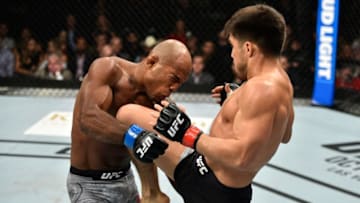 EDMONTON, AB - SEPTEMBER 09: (R-L) Henry Cejudo knees Wilson Reis of Brazil in their flyweight bout during the UFC 215 event inside the Rogers Place on September 9, 2017 in Edmonton, Alberta, Canada. (Photo by Jeff Bottari/Zuffa LLC/Zuffa LLC via Getty Images)