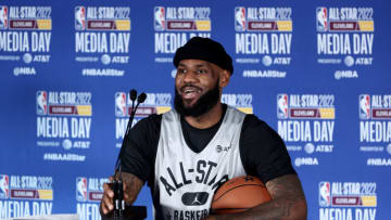 CLEVELAND, OHIO - FEBRUARY 19: LeBron James #6 of Team LeBron talks to the media during NBA All Star Practice as part of 2022 NBA All Star Weekend on Saturday February 19, 2022 at Wolstein Center in Cleveland, Ohio. NOTE TO USER: User expressly acknowledges and agrees that, by downloading and/or using this Photograph, user is consenting to the terms and conditions of the Getty Images License Agreement. (Photo by Arturo Holmes/2022 Getty Images)