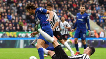 NEWCASTLE UPON TYNE, ENGLAND - AUGUST 26: Fabian Schar of Newcastle United fouls Marcos Alonso of Chelsea inside of the penalty area, leading to Chelsea being awarded a penalty during the Premier League match between Newcastle United and Chelsea FC at St. James Park on August 26, 2018 in Newcastle upon Tyne, United Kingdom. (Photo by Stu Forster/Getty Images)