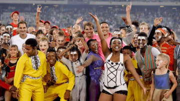 CAPE TOWN, SOUTH AFRICA - FEBRUARY 07: Roger Federer of Switzerland, Trevor Noah and Rafael Nadal of Spain interacts after the Match in Africa between Roger Federer and Rafael Nadal at Cape Town Stadium on February 07, 2020 in Cape Town, South Africa. (Photo by Ashley Vlotman/Gallo Images/Getty Images)