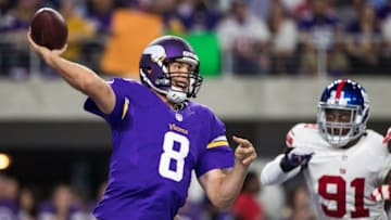 Oct 3, 2016; Minneapolis, MN, USA; Minnesota Vikings quarterback Sam Bradford (8) throws during the first quarter against the New York Giants at U.S. Bank Stadium. Mandatory Credit: Brace Hemmelgarn-USA TODAY Sports