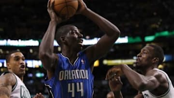 Feb 01, 2013; Boston, MA, USA; Orlando Magic power forward Andrew Nicholson (44) looks to shoot against Boston Celtics power forward Jeff Green (8) and power forward Jared Sullinger (7) during the second half at the TD Garden. The Celtics defeated the Orlando Magic 97-84. Mandatory Credit: David Butler II-USA TODAY Sports