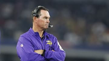 Aug 29, 2015; Arlington, TX, USA; Minnesota Vikings head coach Mike Zimmer on the sidelines during the game against the Dallas Cowboys at AT&T Stadium. Mandatory Credit: Matthew Emmons-USA TODAY Sports