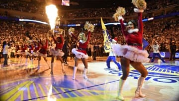 Dec 25, 2015; Oakland, CA, USA; Golden State Warriors cheerleaders perform before a NBA basketball game on Christmas against the Cleveland Cavaliers at Oracle Arena. Mandatory Credit: Kyle Terada-USA TODAY Sports