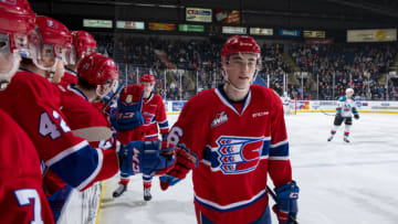 KELOWNA, BC - MARCH 13: Jack Finley #26 of the Spokane Chiefs celebrates a goal with fist bumps past the bench against the Kelowna Rockets at Prospera Place on March 13, 2019 in Kelowna, Canada. (Photo by Marissa Baecker/Getty Images)