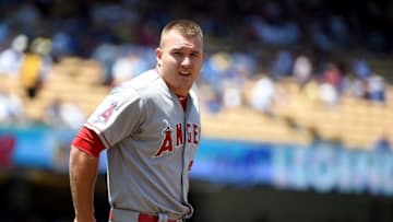 LOS ANGELES, CA - AUGUST 01: Mike Trout #27 of the Los Angeles Angels reacts after his strikeout against the Los Angeles Dodgers at Dodger Stadium on August 1, 2015 in Los Angeles, California. (Photo by Harry How/Getty Images)