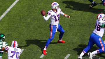 EAST RUTHERFORD, NJ - SEPTEMBER 08: Buffalo Bills quarterback Josh Allen (17) passes during the first quarter of the National Football League game between the New York Jets and the Buffalo Bills on September 8, 2019 at MetLife Stadium in East Rutherford, NJ.(Photo by Rich Graessle/Icon Sportswire via Getty Images)