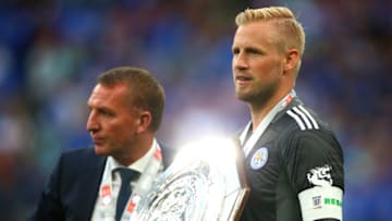 Kasper Schmeichel of Leicester City with manager Brendan Rodgers (Photo by Chloe Knott - Danehouse/Getty Images)