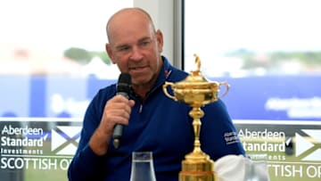 GULLANE, SCOTLAND - JULY 12: Ryder Cup Captain Thomas Bjorn of Denmark with the Ryder Cup during a player meet and greet on the first day of the Aberdeen Standard Investments Scottish Open at Gullane Golf Course on July 5, 2017 in Gullane, Scotland. (Photo by Mark Runnacles/Getty Images)