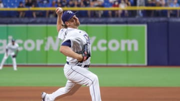 Sep 4, 2021; St. Petersburg, Florida, USA; Tampa Bay Rays relief pitcher Dietrich Enns (75) throws a pitch against the Minnesota Twins during the seventh inning at Tropicana Field. Mandatory Credit: Mike Watters-USA TODAY Sports