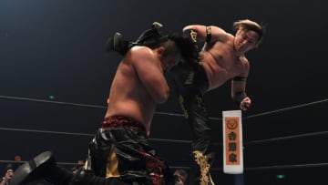 OSAKA, JAPAN - NOVEMBER 03: Taichi kicks Hirooki Goto in the match during the Power Struggle - Super Jr. Tag League 2018 at Edion Arena Osaka on November 03, 2018 in Osaka, Japan. (Photo by Etsuo Hara/Getty Images)