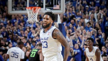 NEWARK, NEW JERSEY - NOVEMBER 14: Myles Powell #13 of the Seton Hall Pirates celebrates his three point shot in the first half against the Michigan State Spartans at Prudential Center on November 14, 2019 in Newark, New Jersey. (Photo by Elsa/Getty Images)