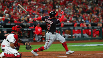 ST. LOUIS, MO - OCTOBER 11: Howie Kendrick #47 of the Washington Nationals hits an RBI single during the seventh inning of Game 1 of the NLCS between the Washington Nationals and the St. Louis Cardinals at Busch Stadium on Friday, October 11, 2019 in St. Louis, Missouri. (Photo by Dilip Vishwanat/MLB Photos via Getty Images)