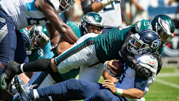 NASHVILLE, TN - SEPTEMBER 30: Derek Barnett #96 of the Philadelphia Eagles sacks Marcus Mariota #8 of the Tennessee Titans at Nissan Stadium on September 30, 2018 in Nashville, Tennessee. The Titans defeated the Eagles in overtime 26-23. (Photo by Wesley Hitt/Getty Images)
