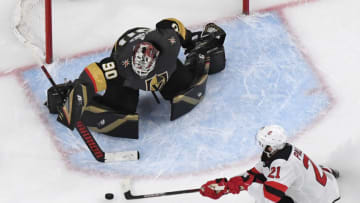 LAS VEGAS, NEVADA - MARCH 03: Robin Lehner #90 of the Vegas Golden Knights defends the net against Kyle Palmieri #21 of the New Jersey Devils in the second period of their game at T-Mobile Arena on March 3, 2020 in Las Vegas, Nevada. The Golden Knights defeated the Devils 3-0. (Photo by Ethan Miller/Getty Images)