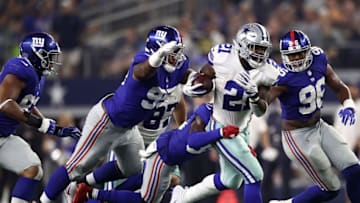 ARLINGTON, TX - SEPTEMBER 16: Ezekiel Elliott #21 of the Dallas Cowboys runs the ball against the New York Giants at AT&T Stadium on September 16, 2018 in Arlington, Texas. (Photo by Ronald Martinez/Getty Images)