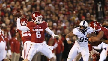 Nov 21, 2015; Norman, OK, USA; Oklahoma Sooners quarterback Baker Mayfield (6) throws during the first half against the TCU Horned Frogs at Gaylord Family - Oklahoma Memorial Stadium. Mandatory Credit: Kevin Jairaj-USA TODAY Sports