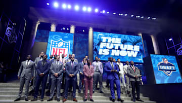 PHILADELPHIA, PA - APRIL 27: The Top Draft prospects pose on stage prior to the first round of the 2017 NFL Draft at the Philadelphia Museum of Art on April 27, 2017 in Philadelphia, Pennsylvania. (Photo by Elsa/Getty Images)