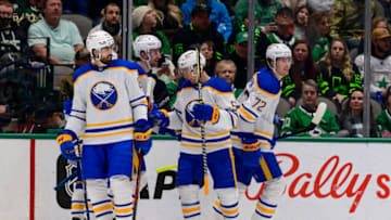 Feb 27, 2022; Dallas, Texas, USA; Buffalo Sabres right wing Tage Thompson (72) celebrates and left wing Jeff Skinner (53) and right wing Alex Tuch (89) celebrates a goal scored by Thompson against the Dallas Stars during the second period at the American Airlines Center. Mandatory Credit: Jerome Miron-USA TODAY Sports