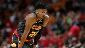 MIAMI, FLORIDA - OCTOBER 14: Cam Reddish #22 of the Atlanta Hawks looks on against the Miami Heat during the first half of the preseason game at American Airlines Arena on October 14, 2019 in Miami, Florida. NOTE TO USER: User expressly acknowledges and agrees that, by downloading and or using this photograph, User is consenting to the terms and conditions of the Getty Images License Agreement. (Photo by Michael Reaves/Getty Images)