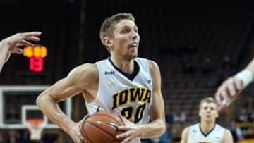 Dec 7, 2015; Iowa City, IA, USA; Iowa Hawkeyes forward Jarrod Uthoff (20) goes to the basket during the second half against the Western Illinois Leathernecks at Carver-Hawkeye Arena. Iowa won 90-56. Mandatory Credit: Jeffrey Becker-USA TODAY Sports