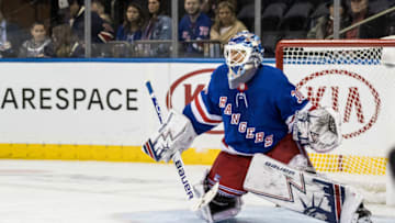 NEW YORK, NY - OCTOBER 21: New York Rangers Goalie Henrik Lundqvist (30) in action during the second period of a regular season NHL game between the Calgary Flames and the New York Rangers on October 21, 2018, at Madison Square Garden in New York, NY. (Photo by David Hahn/Icon Sportswire via Getty Images)