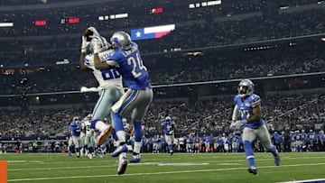 Dec 26, 2016; Arlington, TX, USA; Dallas Cowboys wide receiver Dez Bryant (88) catches a touchdown pass against Detroit Lions cornerback Nevin Lawson (24) during the second half at AT&T Stadium. Mandatory Credit: Kevin Jairaj-USA TODAY Sports