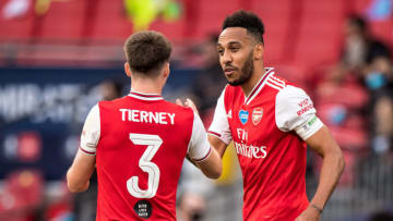 Pierre-Emerick Aubameyang and Kieran Tierney, Arsenal (Photo by Sebastian Frej/MB Media/Getty Images)