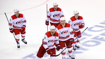 WASHINGTON, DC - APRIL 13: Carolina Hurricanes center Jordan Staal (11) skates off the ice after scoring a game tying goal in the third period against the Washington Capitals on April 13, 2019, at the Capital One Arena in Washington, D.C. in the first round of the Stanley Cup Playoffs. (Photo by Mark Goldman/Icon Sportswire via Getty Images)