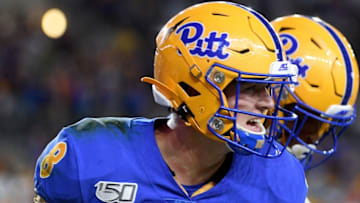 PITTSBURGH, PA - AUGUST 31: Kenny Pickett #8 of the Pittsburgh Panthers reacts after throwing a three-yard touchdown pass to Tre Tipton #5 in the second quarter during the game against the Virginia Cavaliers at Heinz Field on August 31, 2019 in Pittsburgh, Pennsylvania. (Photo by Justin Berl/Getty Images)