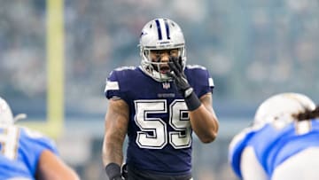 ARLINGTON, TX - NOVEMBER 23: Anthony Hitchens #59 of the Dallas Cowboys looks over the offense at the line of scrimmage during a game against the Los Angeles Chargers at AT&T Stadium on November 23, 2017 in Arlington, Texas. The Chargers defeated the Cowboys 28-6. (Photo by Wesley Hitt/Getty Images)