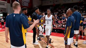 LAS VEGAS, NV - JULY 6: Edmond Sumner #5 of the Indiana Pacers is introduced before the game against the Houston Rockets during the 2018 Las Vegas Summer League on July 6, 2018 at the Cox Pavilion in Las Vegas, Nevada. NOTE TO USER: User expressly acknowledges and agrees that, by downloading and/or using this photograph, user is consenting to the terms and conditions of the Getty Images License Agreement. Mandatory Copyright Notice: Copyright 2018 NBAE (Photo by David Dow/NBAE via Getty Images)