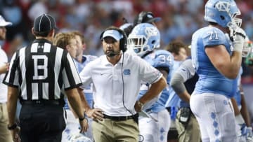 Sep 3, 2016; Atlanta, GA, USA; North Carolina Tar Heels head coach Larry Fedora is shown on the sideline during the 2016 Chick-Fil-A Kickoff game against the Georgia Bulldogs at Georgia Dome. Georgia won 33-24. Mandatory Credit: Jason Getz-USA TODAY Sports