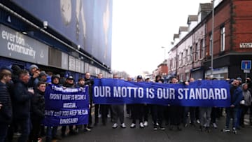 LIVERPOOL, ENGLAND - MARCH 11: Everton fans protest against the clubs owner, Farhad Moshiri outside the stadium prior to the Premier League match between Everton FC and Brentford FC at Goodison Park on March 11, 2023 in Liverpool, England. (Photo by Naomi Baker/Getty Images)