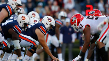 Auburn footballAUBURN, ALABAMA - NOVEMBER 16: The Auburn Tigers offense lines up against the Georgia Bulldogs at Jordan-Hare Stadium on November 16, 2019 in Auburn, Alabama. (Photo by Kevin C. Cox/Getty Images)
