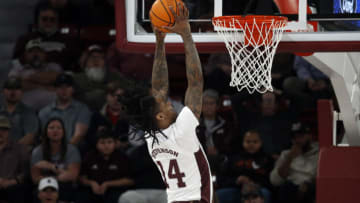 Jan 28, 2023; Starkville, Mississippi, USA; Mississippi State Bulldogs forward Tyler Stevenson (14) dunks during the first half against the TCU Horned Frogs at Humphrey Coliseum. Mandatory Credit: Petre Thomas-USA TODAY Sports