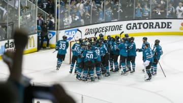 May 25, 2016; San Jose, CA, USA; The San Jose Sharks celebrate their win over the St. Louis Blues to win the Western Conference Finals in game six in the Western Conference Final of the 2016 Stanley Cup Playoffs at SAP Center at San Jose. The Sharks won 5-2. Mandatory Credit: John Hefti-USA TODAY Sports