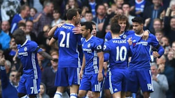 LONDON, ENGLAND - OCTOBER 15: Diego Costa of Chelsea (R) celebrates scoring his sides first goal with his Chelsea team mates during the Premier League match between Chelsea and Leicester City at Stamford Bridge on October 15, 2016 in London, England. (Photo by Shaun Botterill/Getty Images)