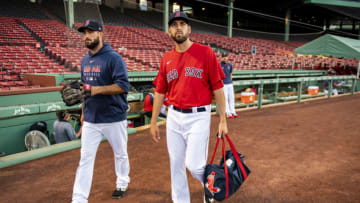 BOSTON, MA - JULY 21: Brandon Workman #44 and Matt Barnes #32 of the Boston Red Sox look on before a scrimmage game against the Toronto Blue Jays before the start of the 2020 Major League Baseball season on July 21, 2020 at Fenway Park in Boston, Massachusetts. The season was delayed due to the coronavirus pandemic. (Photo by Billie Weiss/Boston Red Sox/Getty Images)