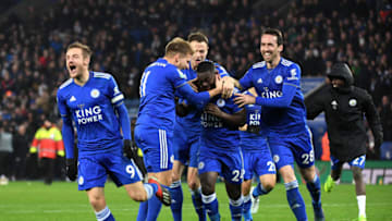 LEICESTER, ENGLAND - NOVEMBER 27: Nampalys Mendy of Leicester City celebrates with team mates as he scores the winning kick in the penalty shoot out during the Carabao Cup Fourth Round match between Leicester City and Southampton at The King Power Stadium on November 27, 2018 in Leicester, England. (Photo by Ross Kinnaird/Getty Images)