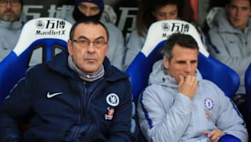 LONDON, ENGLAND - DECEMBER 30: Maurizio Sarri manager of Chelsea and assistant Gianfranco Zola during the Premier League match between Crystal Palace and Chelsea FC at Selhurst Park on December 30, 2018 in London, United Kingdom. (Photo by Marc Atkins/Getty Images)